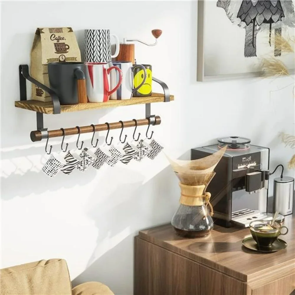 Floating Shelf Wall Shelf Rustic Wood with Towel Bar and 8 Removable Hooks